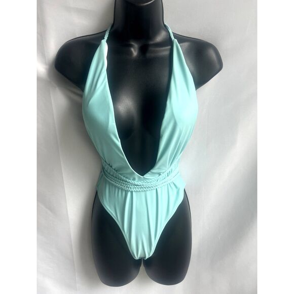 Baby Blue One Piece Swimsuit Deep Cutout Ties Open Back Barbie Barbiecore Size M - Picture 1 of 12